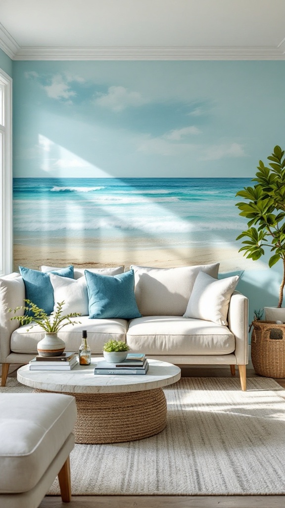 A coastal-themed living room with a large accent wall depicting a beach scene, featuring a light sofa with blue cushions and a round coffee table.