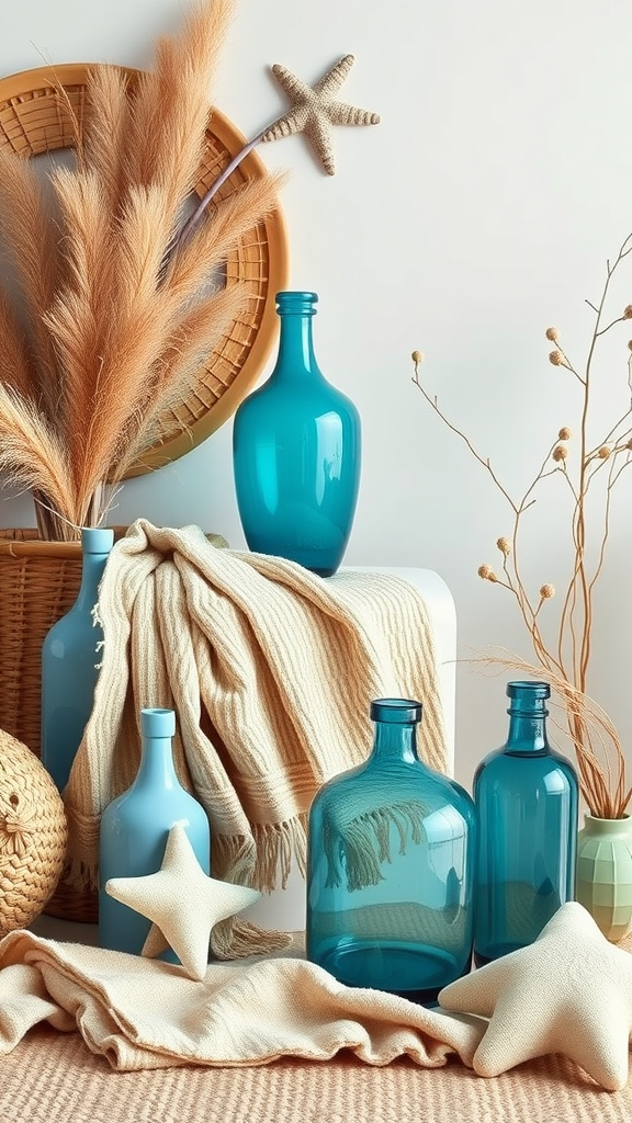 A collection of blue glass vases and natural decor items like starfish and pampas grass arranged on a light surface.