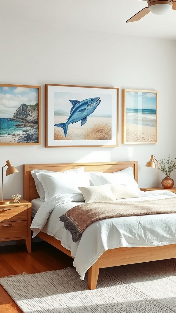 A cozy bedroom featuring beach-inspired artwork on the walls, including a framed fish print and scenic ocean views.