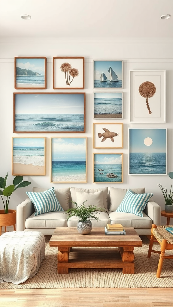 A stylish living room featuring beach-inspired artwork on the wall, with a comfortable sofa and coastal decor.