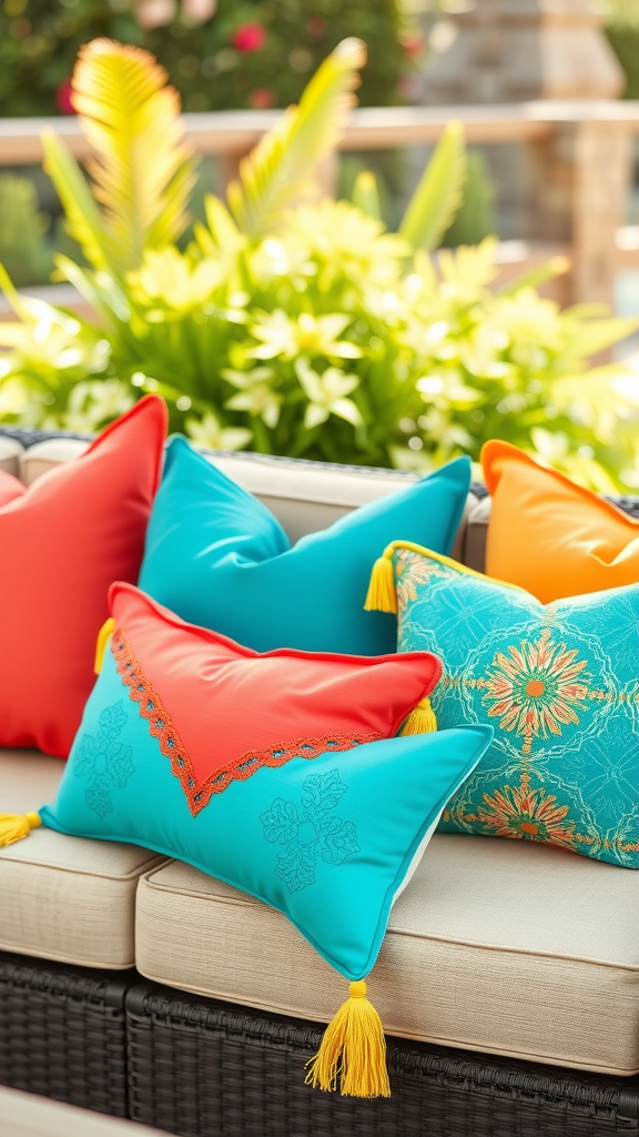 A variety of brightly colored outdoor pillows on a sofa with a lush green background.