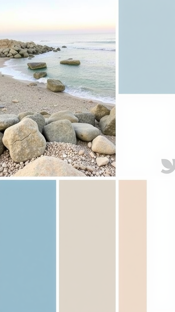 Coastal landscape with rocks and gentle waves, complemented by a soft color palette.