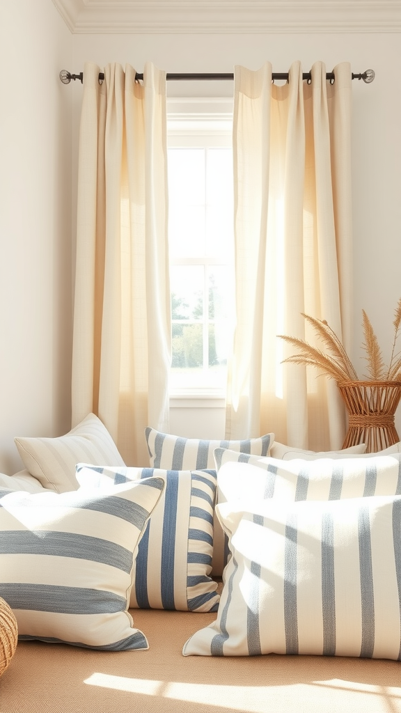 Coastal decor featuring light curtains and striped pillows in a cozy setting.