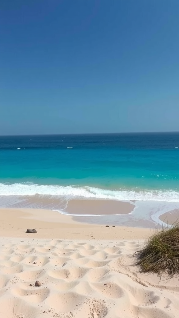A beautiful beach scene with soft sand and clear blue ocean waves under a bright sky.