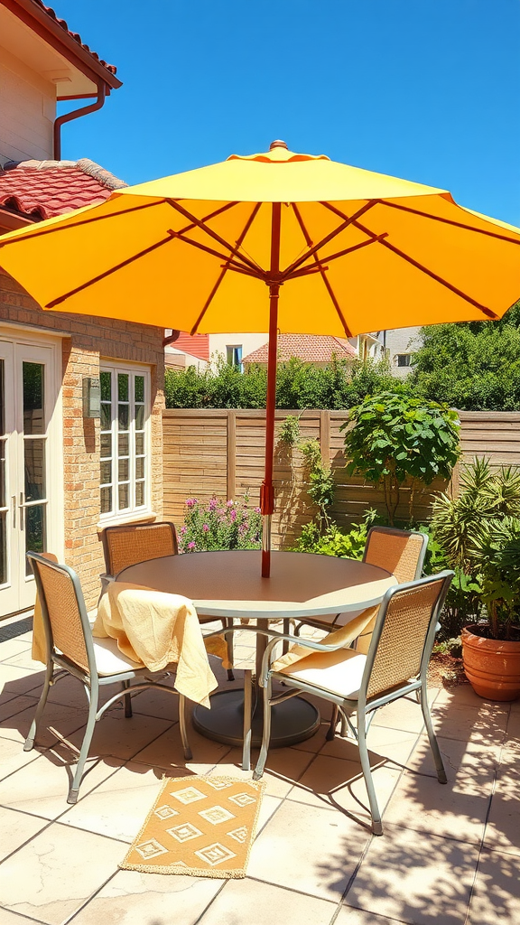 Outdoor seating area with colorful umbrellas providing shade.