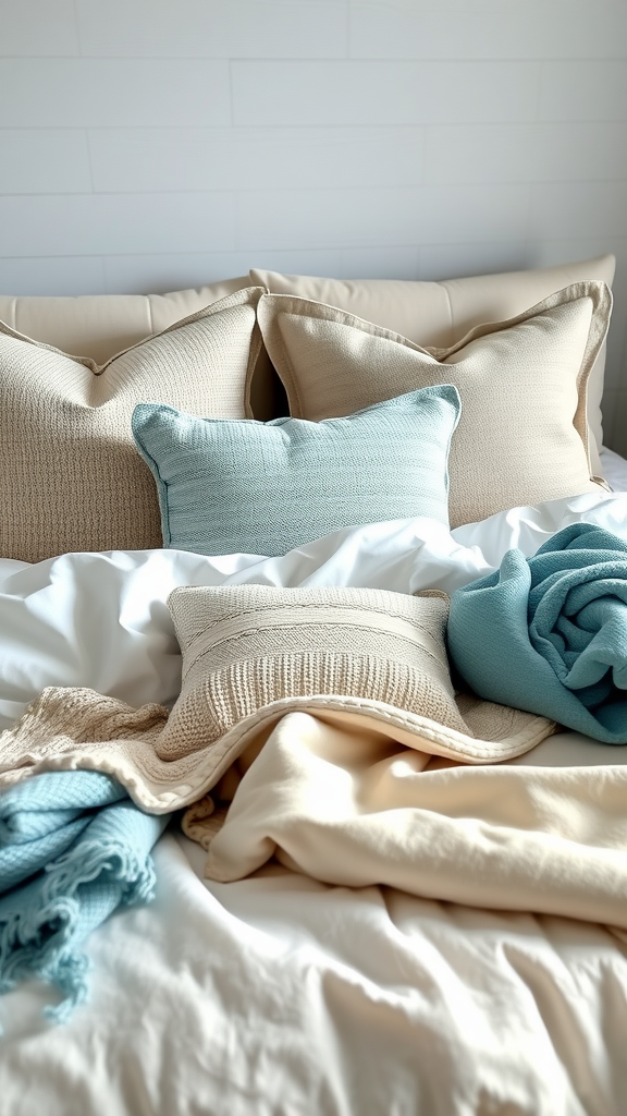 Cozy bedding with various pillows and blankets arranged on a bed.