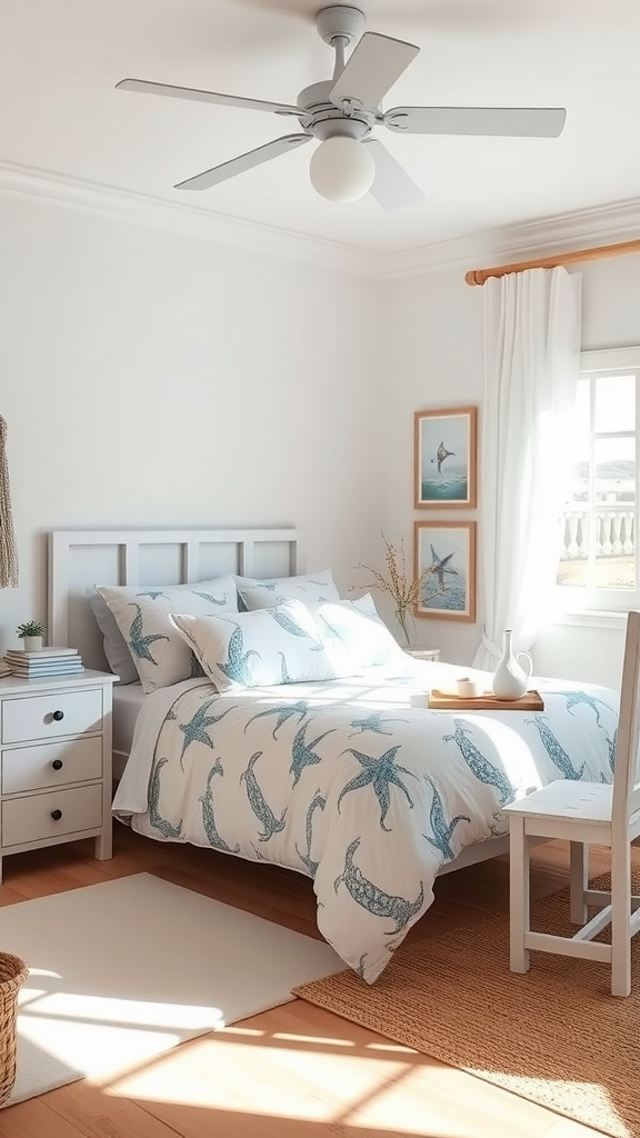 A bright coastal-themed bedroom with starfish-patterned bedding and natural light.