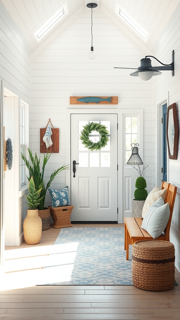 A bright coastal entryway featuring a bench, plants, and ocean-themed decor