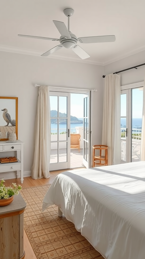 Bright bedroom with open doors leading to a patio and ocean view.