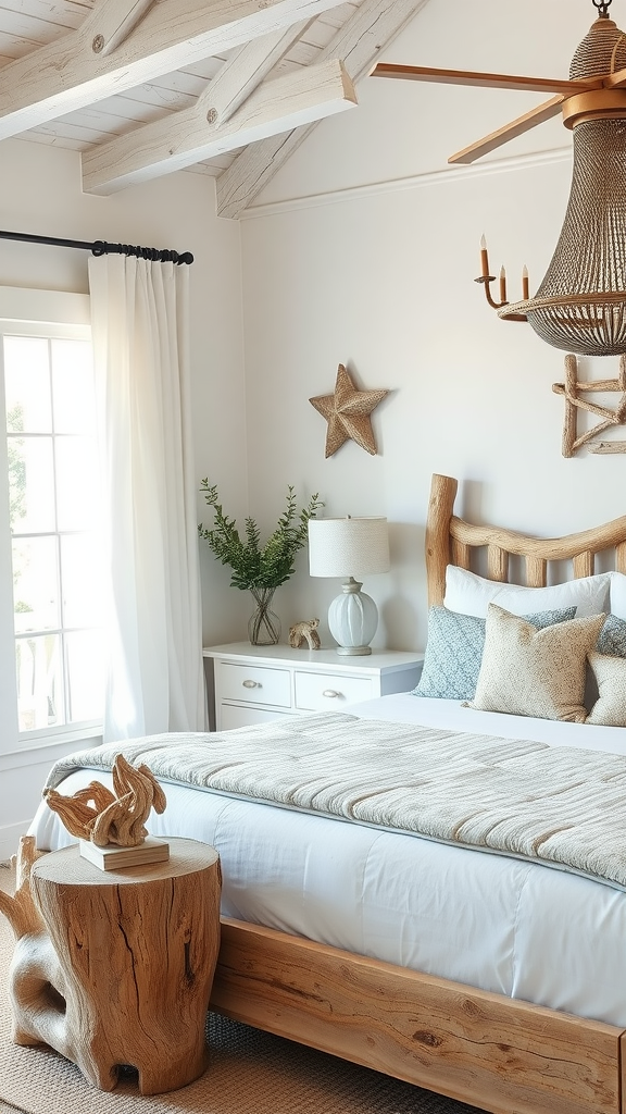 A cozy bedroom featuring driftwood accents, including a bed frame and side table, with light decor and a bright window.