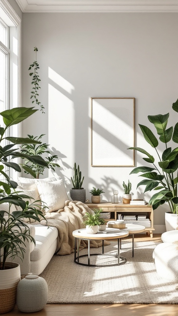 A bright coastal living room filled with various live plants, showcasing a cozy atmosphere.