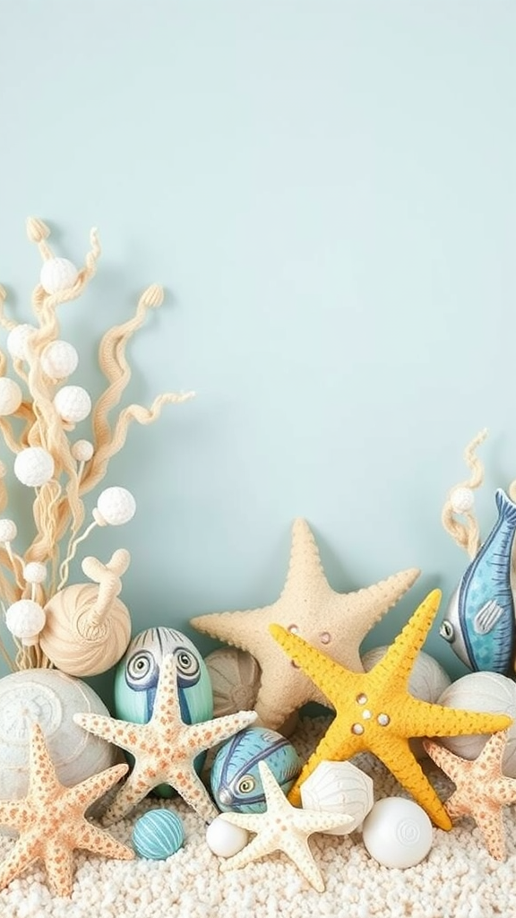 A decorative arrangement featuring starfish, fish, and seashells against a light blue background.