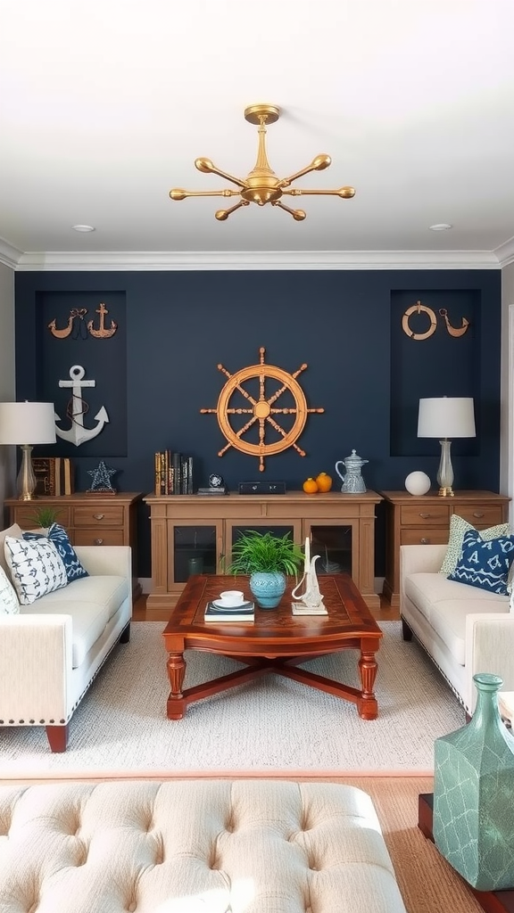 Coastal living room with nautical decor including anchors, a ship wheel, and ocean-themed colors.