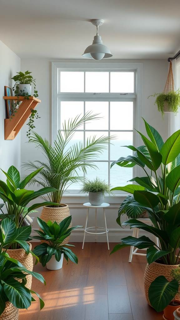 A bright room filled with various indoor plants, showcasing a beachy decor style.