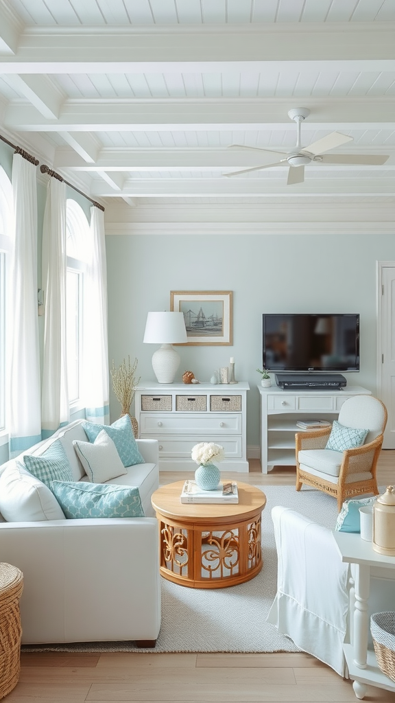 A bright and airy living room with light blue walls, white furniture, and natural light from large windows.
