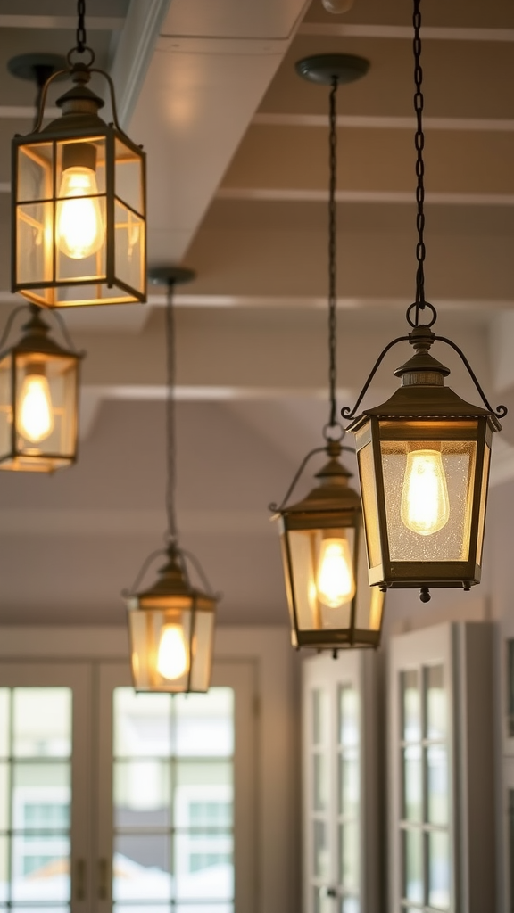 A row of elegant lantern-style pendant lights hanging from the ceiling.