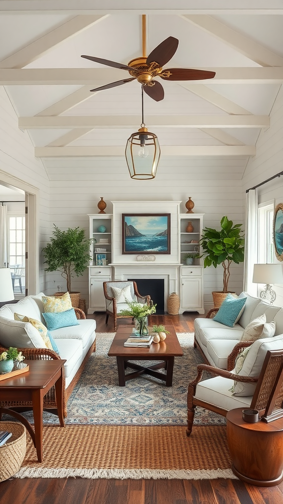 A cozy living room with vintage and modern styles, featuring light sofas, a wooden coffee table, and decorative plants.
