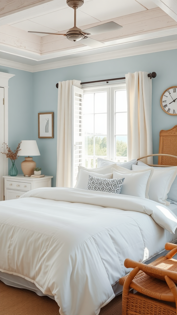 A bright and cozy bedroom featuring soft blue walls, white bedding, and natural decor.