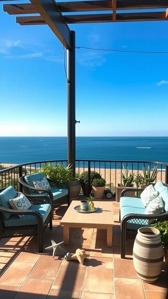 A coastal inspired outdoor seating area with a view of the ocean.