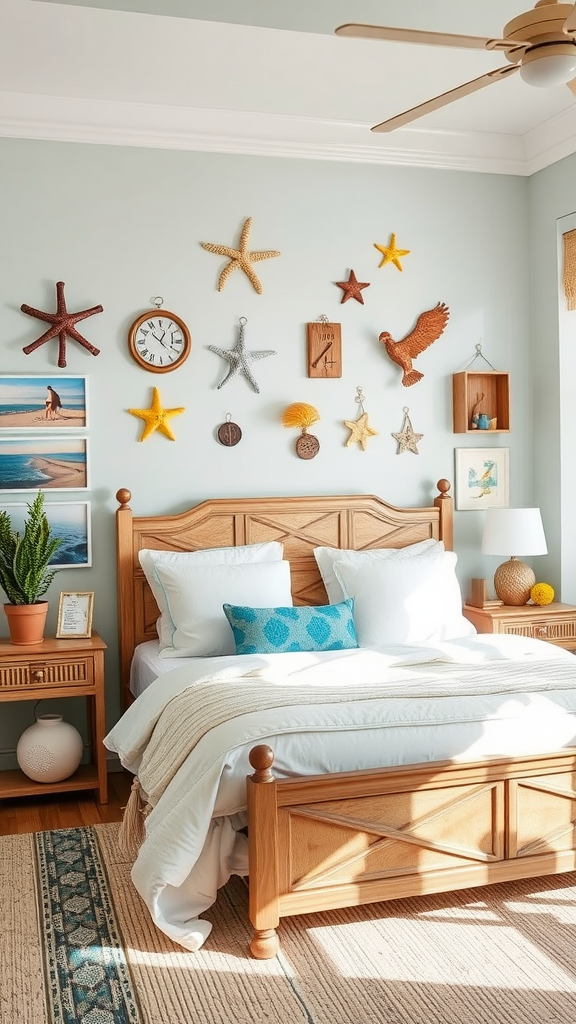 A cozy bedroom with a wall decorated with various souvenirs including starfish and a clock.