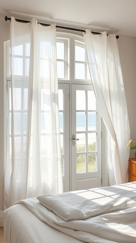 A bright room with large windows covered by sheer, light curtains overlooking a beach.