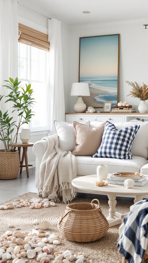 Coastal living room with light colors, seashell decor, and a relaxed, beachy atmosphere.