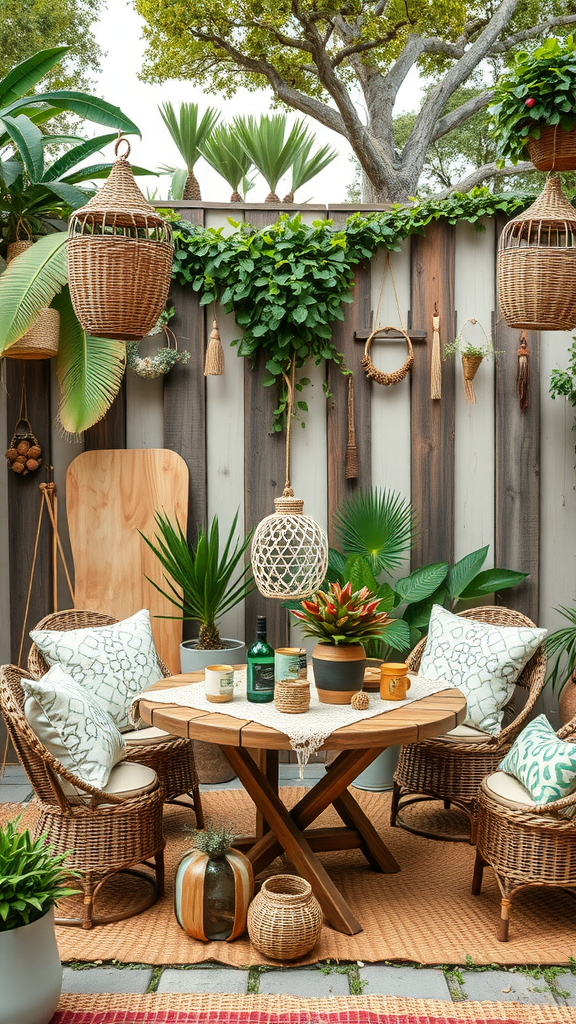 A cozy outdoor space featuring wicker furniture, plants, and decorative items.