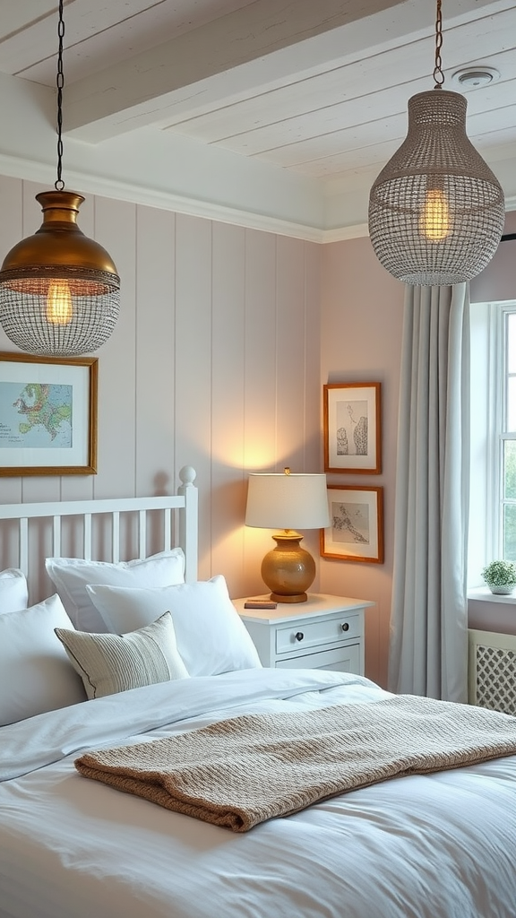 A cozy bedroom with stylish light fixtures and decorative elements