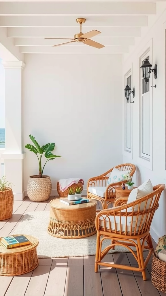 A cozy coastal decor featuring rattan and wicker furniture on a porch.