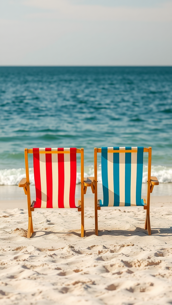 Two vintage beach chairs in red and blue stripes facing the ocean
