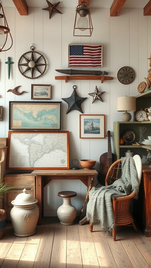 A cozy room decorated with vintage coastal decor, featuring maps, nautical items, and rustic furniture.