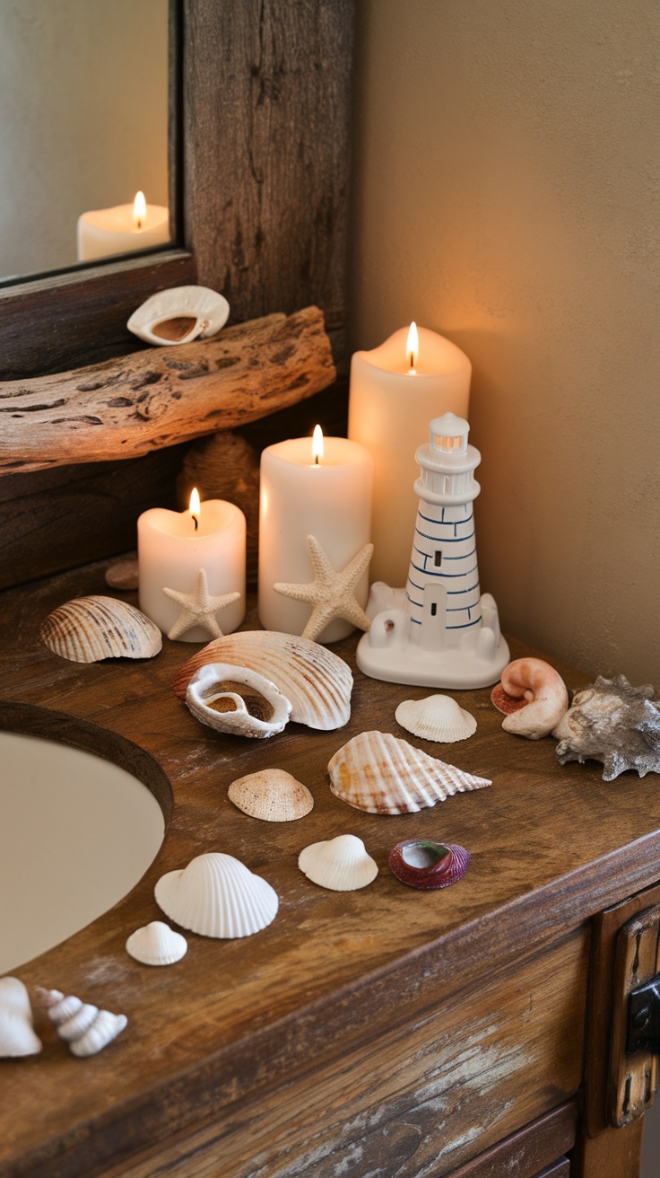 Coastal bathroom accessories with shells, candles, and a lighthouse decoration