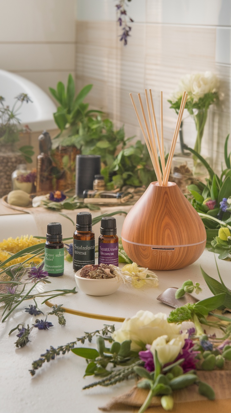 Aromatic essential oils and a diffuser in a spa-like bathroom setting