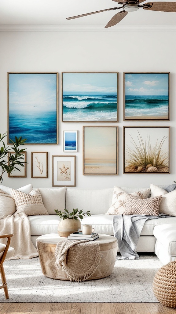 A collection of beach-inspired artwork featuring seascapes and nautical decorations.