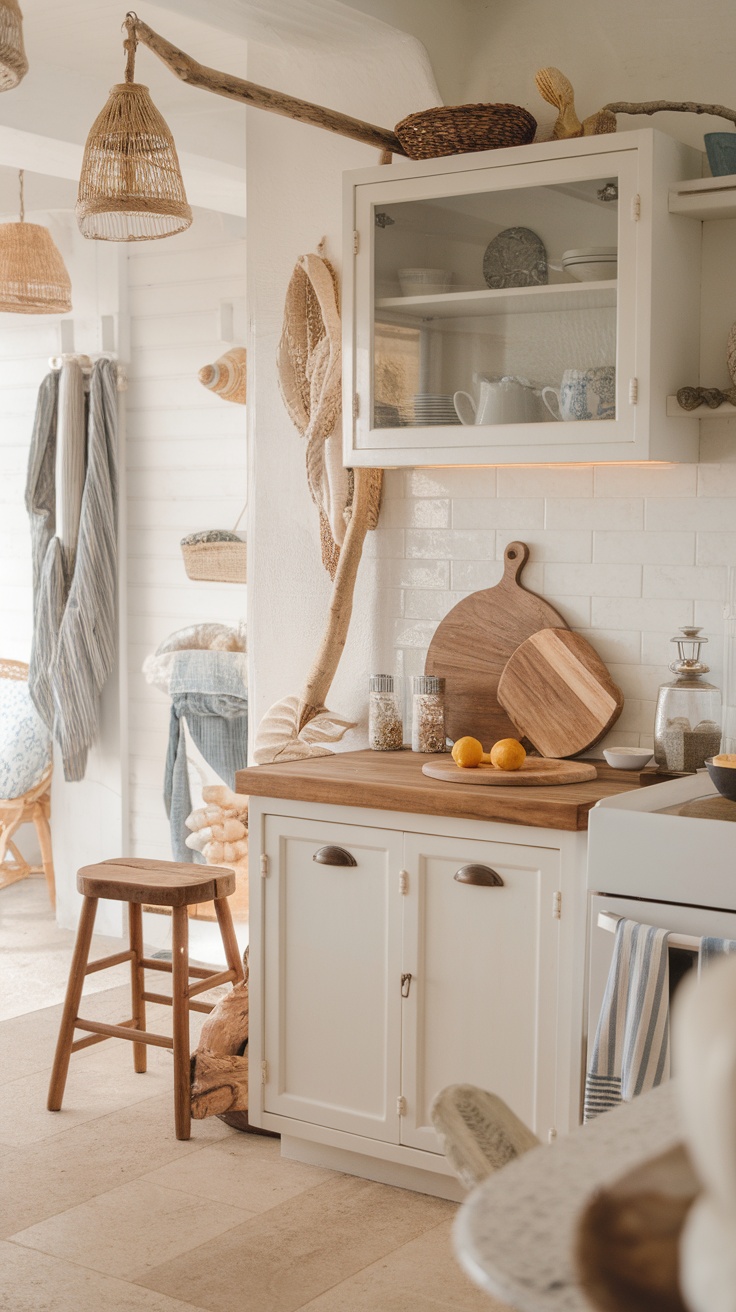 A beach-inspired cottage kitchen with natural wood accents and decorative elements.