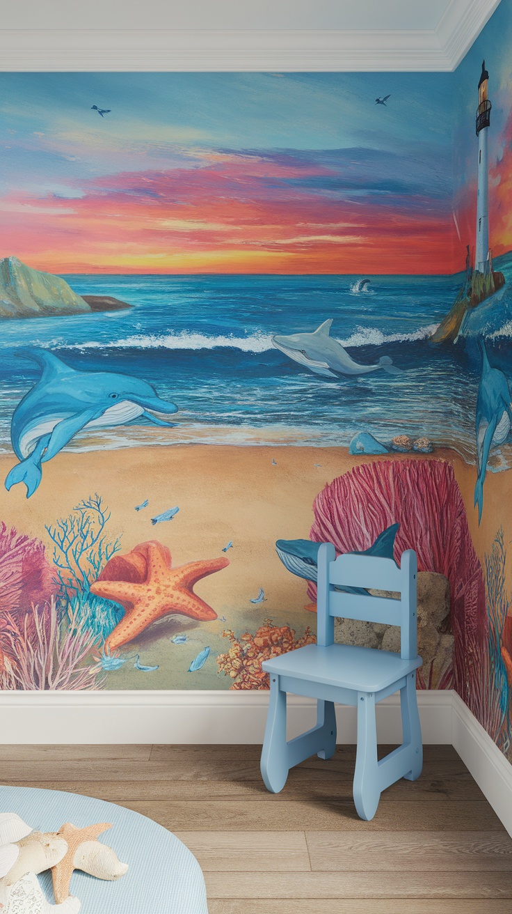 Colorful beach mural with dolphins, sea stars, and a sunset in a coastal kids bedroom.