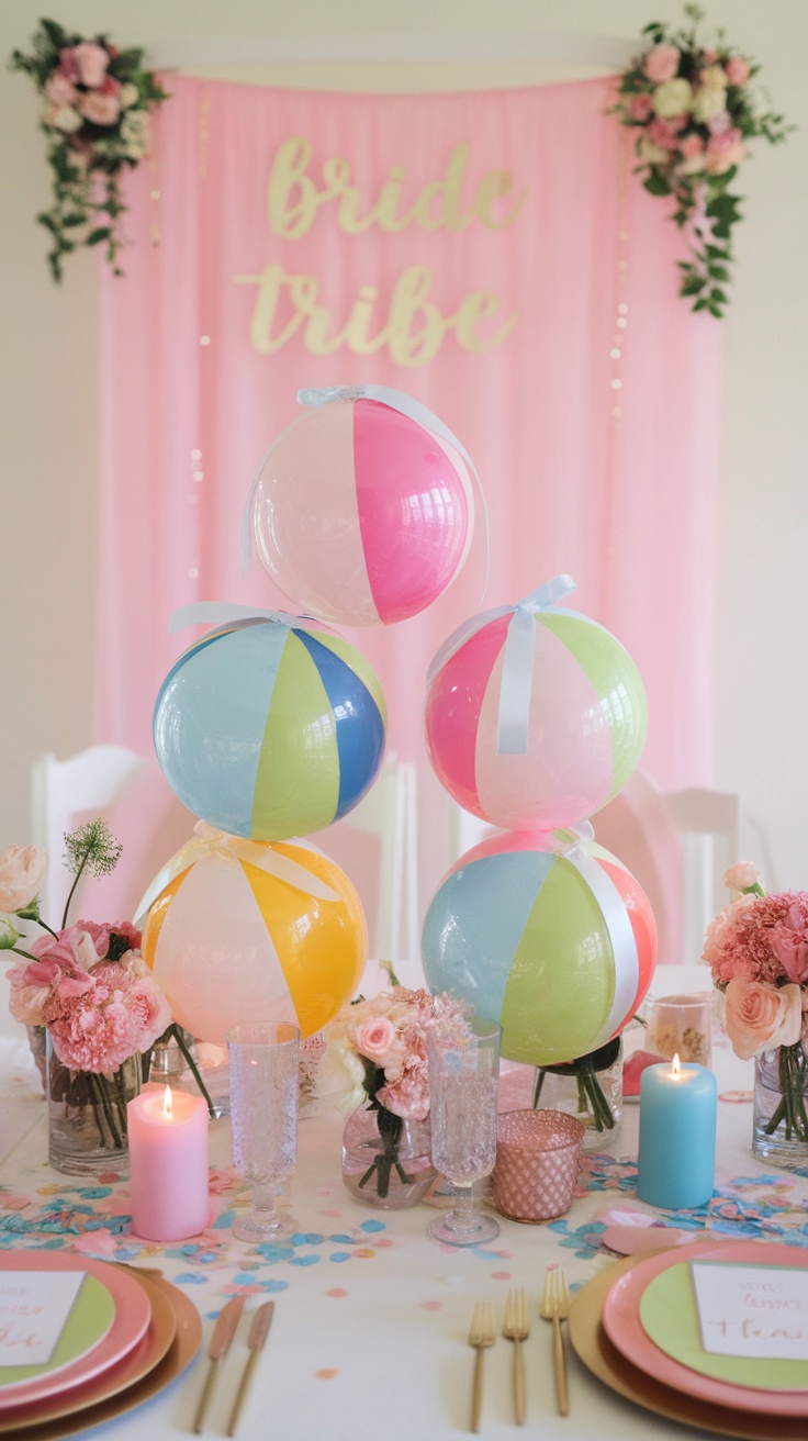 Colorful beach ball centerpieces on a bridal shower table with flowers and candles.