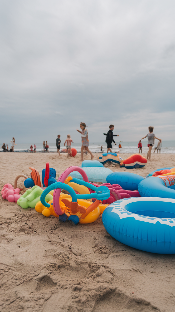 Colorful beach balls and inflatable toys on the sand, with people enjoying the beach.