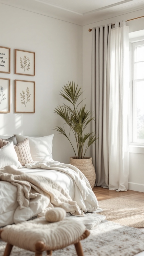 Cozy coastal bedroom with soft colors and natural decor
