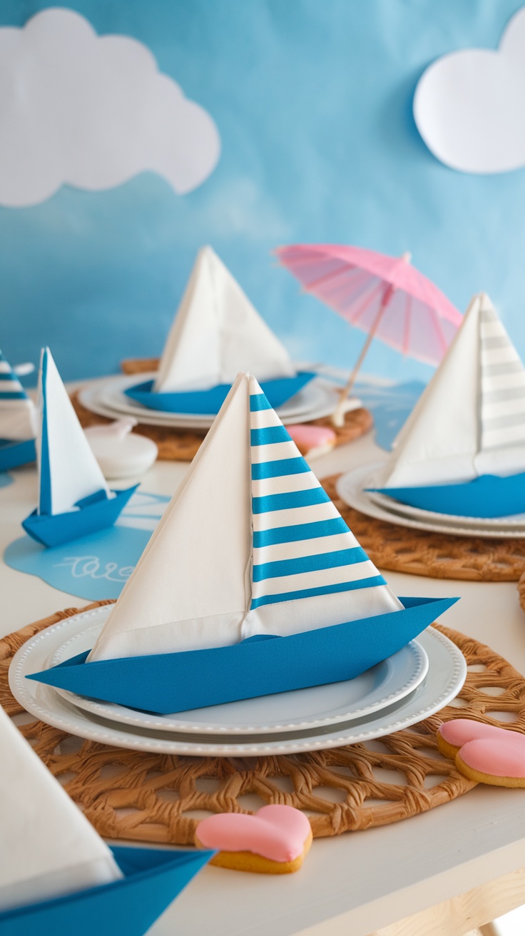 Beach-themed table setting with napkin folds shaped like sailboats on white plates