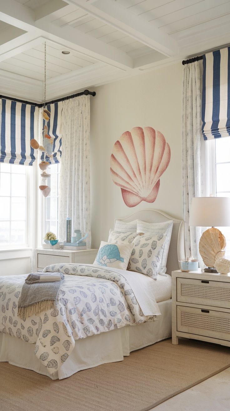 Coastal kids bedroom with striped window treatments and beach-themed decor