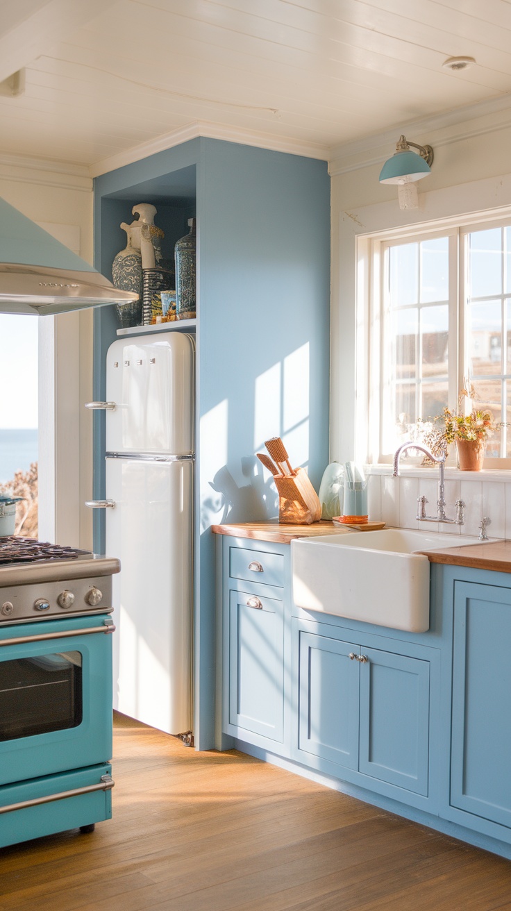 A bright coastal kitchen with light blue cabinets and natural wood flooring.