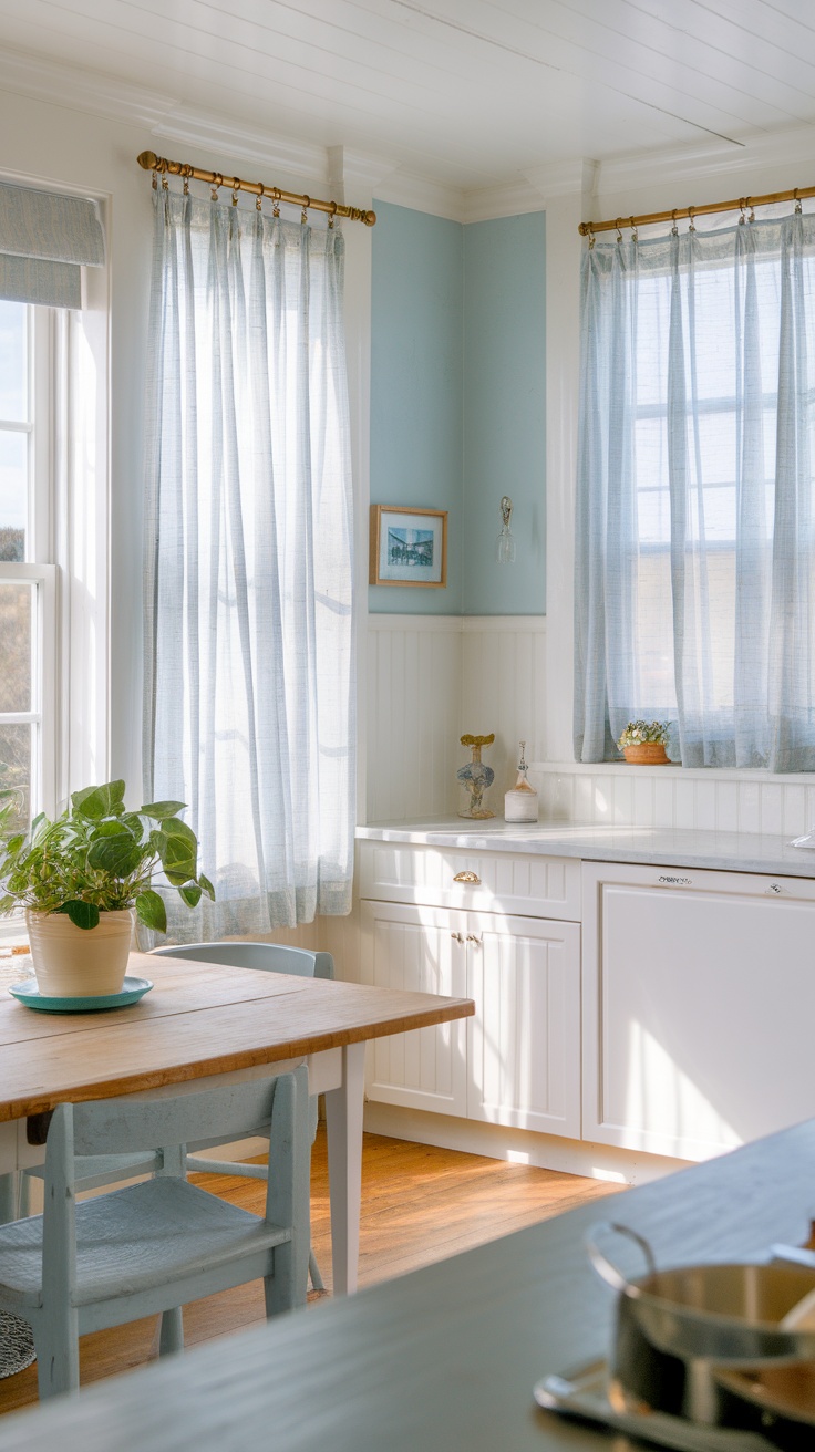 A bright and airy coastal cottage kitchen with soft blue walls, white cabinetry, and natural light.