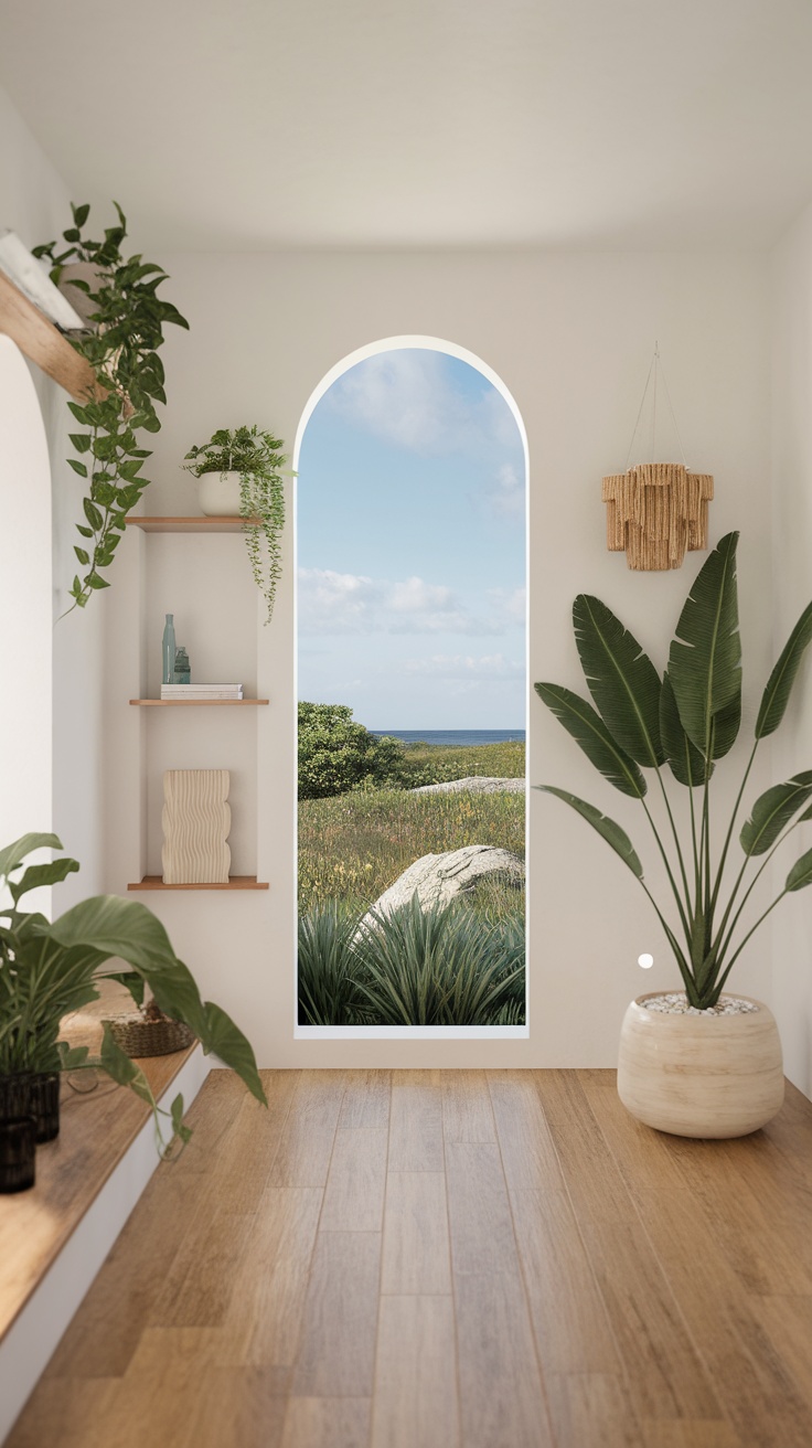 A bright coastal interior with plants and a view of nature.