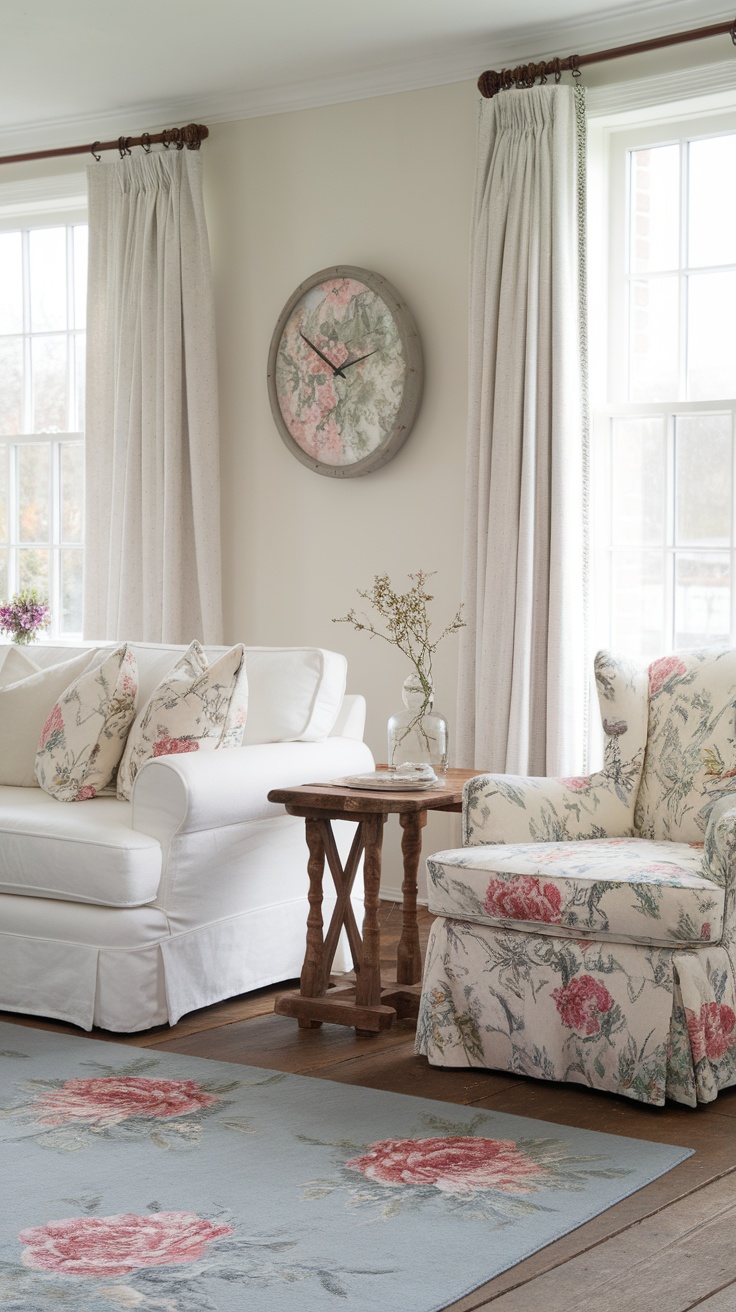 Cozy cottage living room with floral decor and a warm atmosphere.