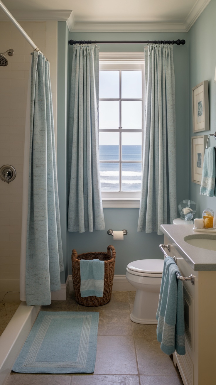 A light and breezy coastal bathroom with soft blue curtains and towels.