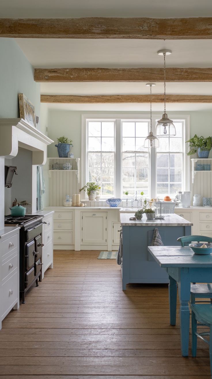 A coastal farmhouse kitchen featuring soft blues and whites, large windows, and rustic wooden beams.