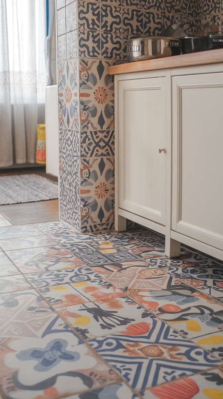 Colorful tile flooring in a coastal kitchen setting.