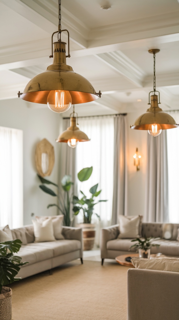 Coastal living room featuring stylish lighting fixtures and comfortable seating.