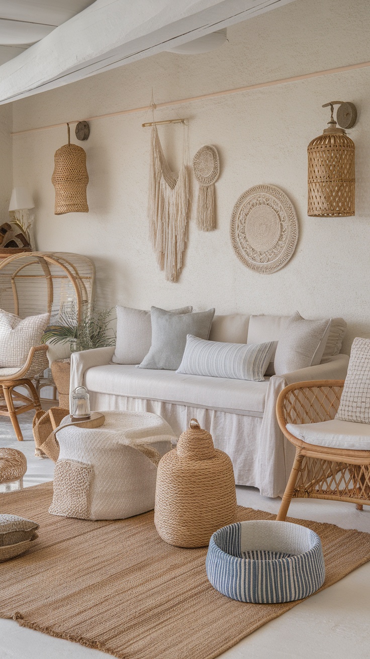 A cozy coastal living space featuring natural textures and fabrics.